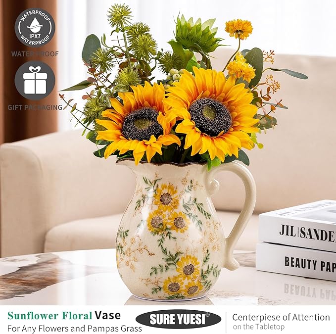 Sunflower Vintage Ceramic Yellow Floral Vase - Image 5