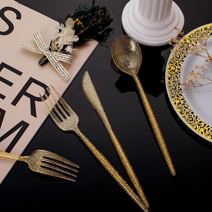 Supernal 180pcs Gold Plastic Silverware Durable Plastic Silverware Gold Glitter - Image 9