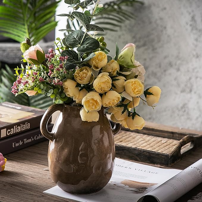 Kimdio Brown Ceramic Vase with 2 Handles, Modern Farmhouse Vase - Image 2