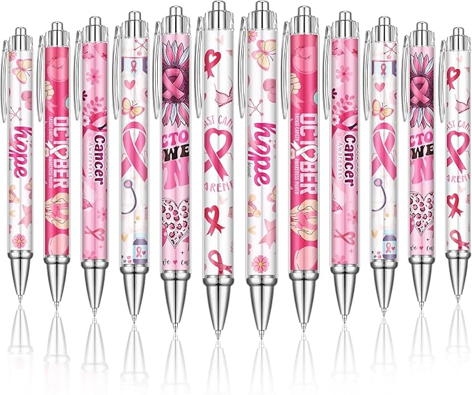 24 Pcs Breast Cancer Awareness Gift Pen Pink Ribbon Black Ink Ballpoint Writing by Humyoun