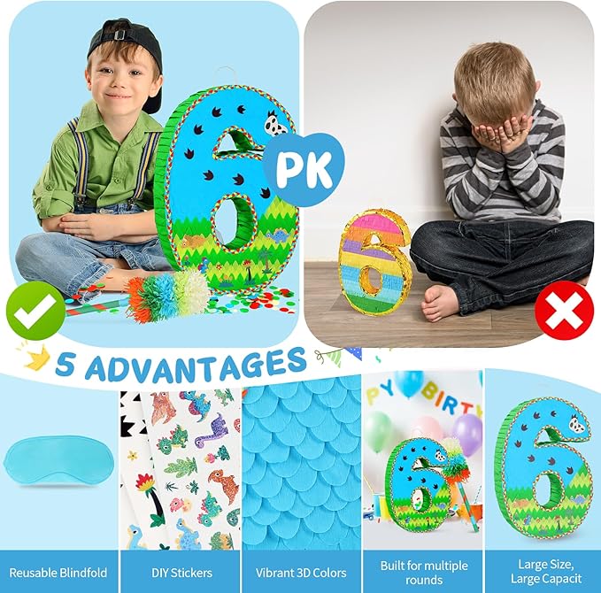 Number 6 Pinata for Birthday Party Decorations, Jungle Dinosaur Piñata Games Toy - Image 7