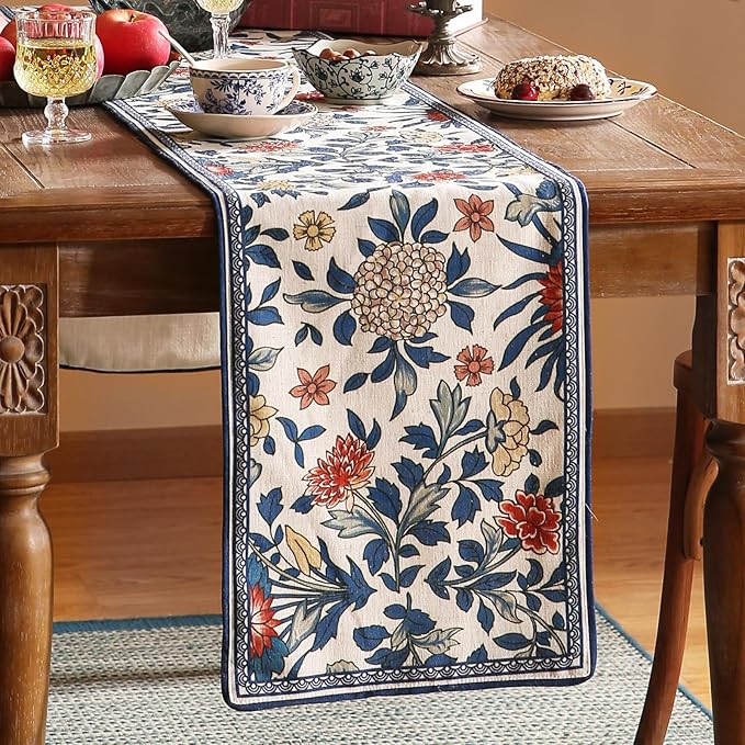 patdrea Designer Blue Cottage Rustic Floral Patterned Linen Table Runner 102 - Image 7