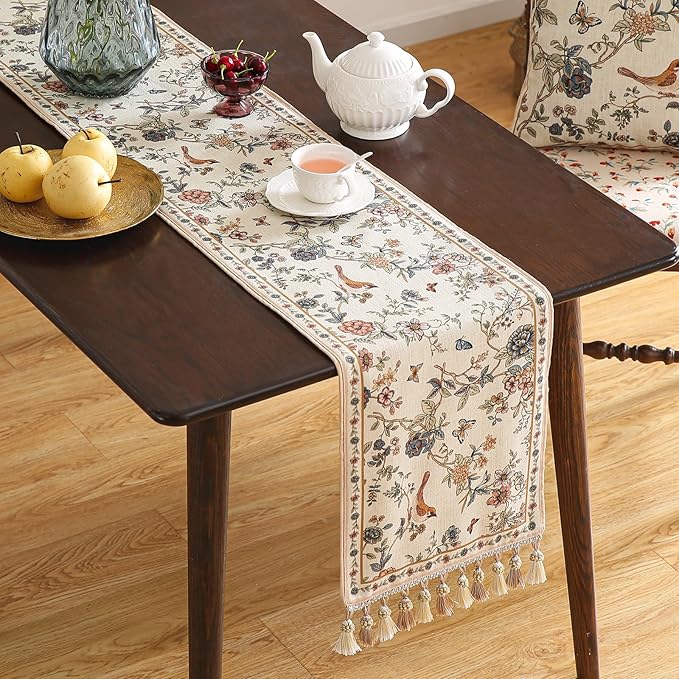 ISAENNE Designer Linen Table Runner 118 Inches Extra Long, Elegant Floral Bird - Image 2