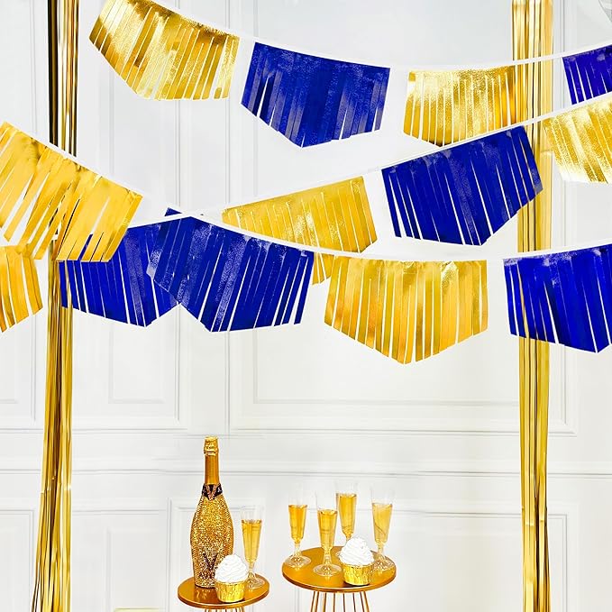 Royal Blue Gold Tassel Banner Metallic Fabric Pennant Bunting Flag by pinkblume