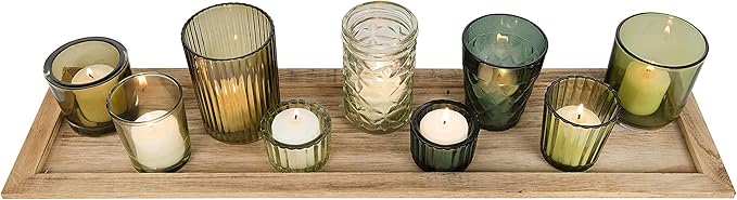 Creative Co-Op Wood Tray with 9 Green Glass Votive Holders - Image 7