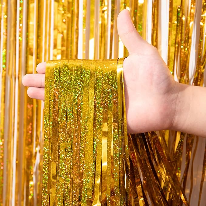 2 Pack Laser Gold Foil Fringe Backdrop Curtains, Tinsel Streamers Birthday - Image 2