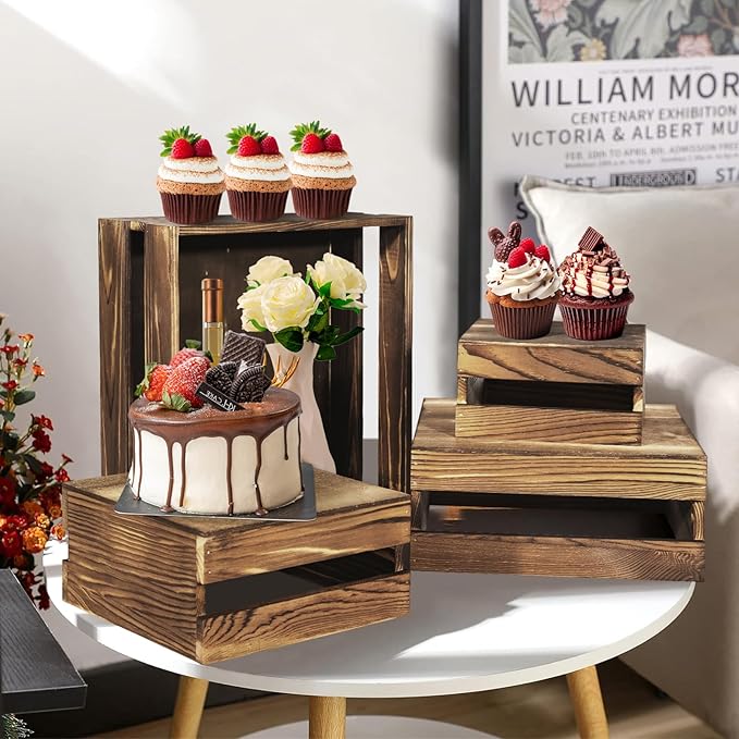 8 Pcs Buffet Risers with Mini Signs, Rustic Wood Cake Stands, Food Risers - Image 4