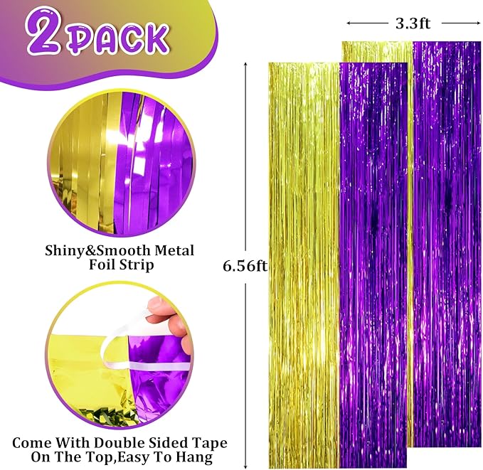 2 Pack Purple and Gold Foil Fringe Backdrop Curtains, Tinsel Streamers Party - Image 2