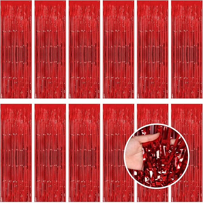 Red Fringe Curtain Party Streamers, 12 Pack 3.3ft x 8.2 ft Foil Curtain by LITLANDSTAR