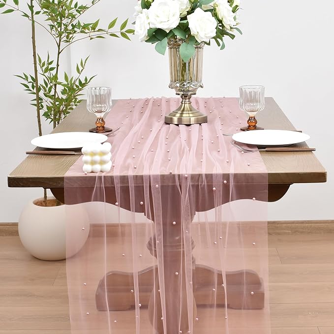 Joanlody Fall Pearl Table Runner 10ft Rustic Boho Tulle Table Runner - Image 2