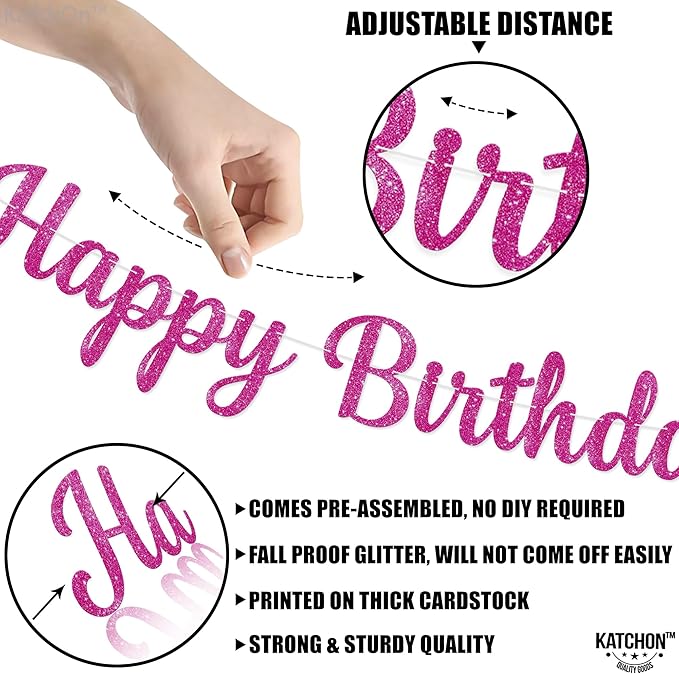 KatchOn, Glitter Pink Cursive Happy Birthday Banner - Image 3