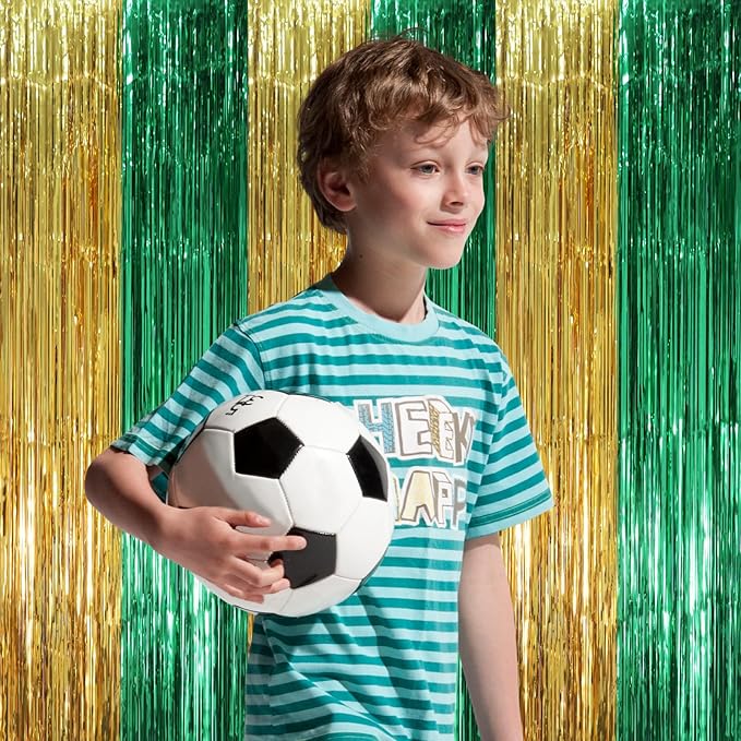 3 Pack 3.3 x 8.2 ft Green and Gold Foil Fringe Backdrop Curtains, Tinsel - Image 6