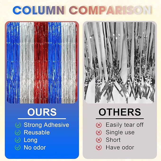3 Pack 3.3 x 8.2 ft Blue Red Silver Foil Fringe Backdrop Curtains, Tinsel - Image 3