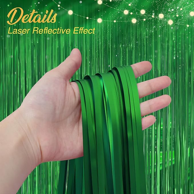 2 Pack Metallic Green Fringe Backdrop, 3.2x8.2ft Shining Foil Tinsel Curtains - Image 3