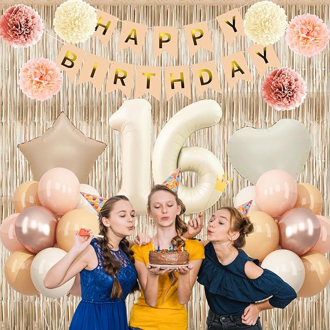 Beige 16th Birthday Decorations Girls Boys Cream Number 16 Balloon Nude Gold - Image 5