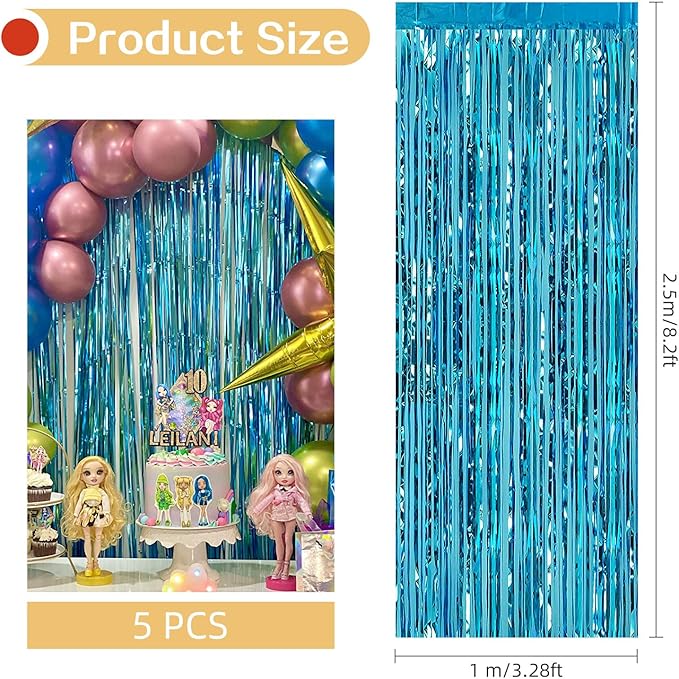 5 Pack Blue Fringe Backdrop 3.2ft x 8.2ft Teal Blue Foil Fringe Curtains Party - Image 3