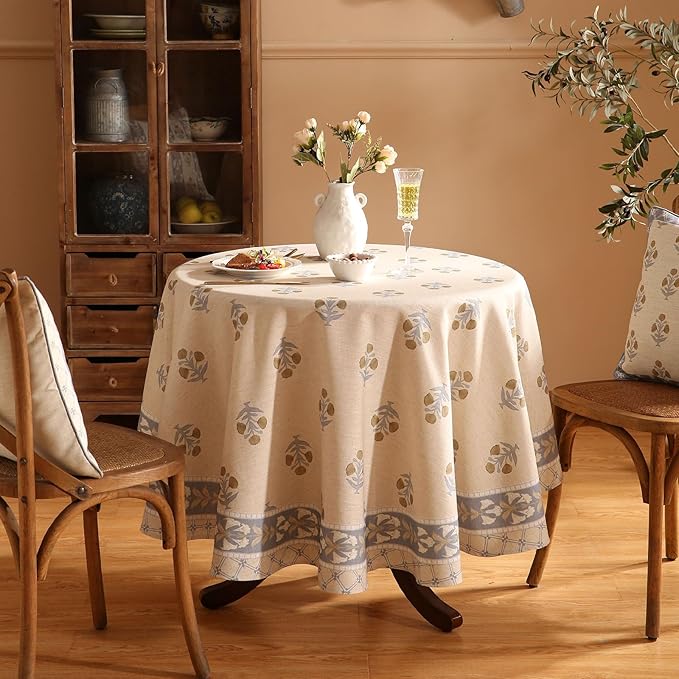 patdrea Designer Beige Round Tablecloth, Vintage Linen Yellow Floral Pattern - Image 4