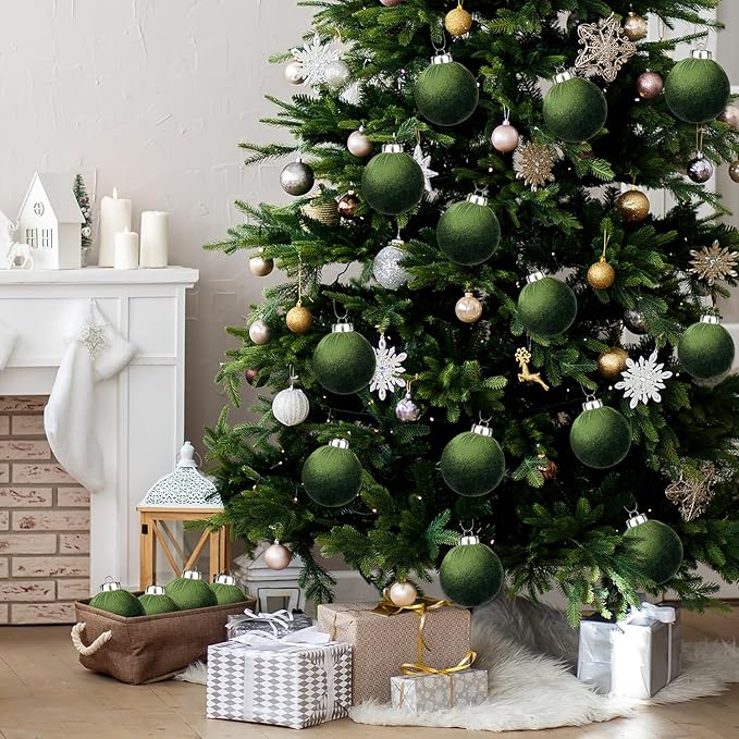 Green Velvet Ornaments for Christmas Tree 15 PCS, Big Neutral Flocked Christmas - Image 3