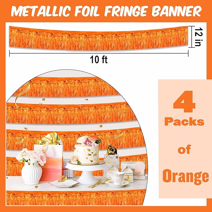 4 Pack 10 Ft Orange Foil Fringe Garland Metallic Streamers Tinsel Banner Wall - Image 2