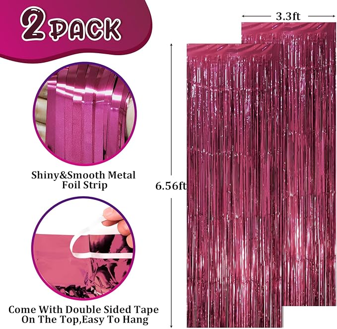 2 Pack Burgundy Foil Fringe Backdrop Curtains, Tinsel Streamers Party - Image 2