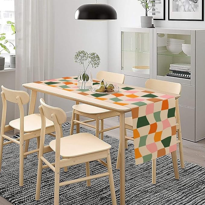 Hippie Table Runner, Vintage Geometric Square Orange Green Pink Grid 60s 70s - Image 4