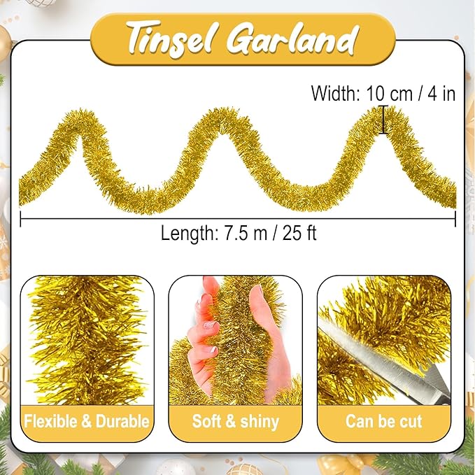 25 Feet Gold Christmas Tinsel Garland, Metallic Foil Twist Banner Wall Hanging - Image 2