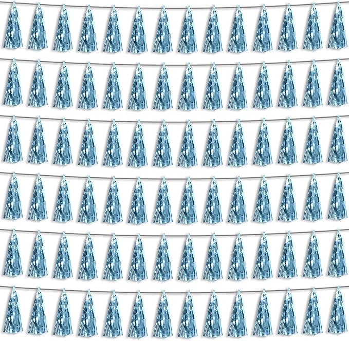 6P Light Blue Foil Fringe Metallic Tassel Streamers Banner Tassel Garland by HYSILLA