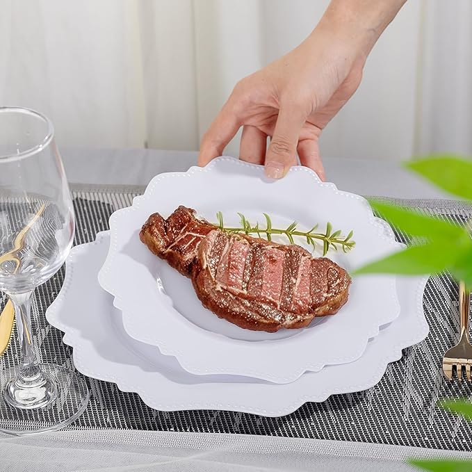 COLOSUS 100pcs 9.5 Inch-White Plastic Dinner Plates, Fancy White Plastic Plates - Image 5