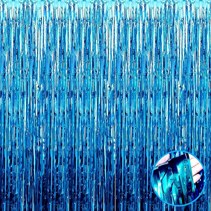 4 Pack Lake Blue Foil Fringe Curtain Backdrop, 3.3Ft x 9.8Ft Metallic Tinsel by Unknown