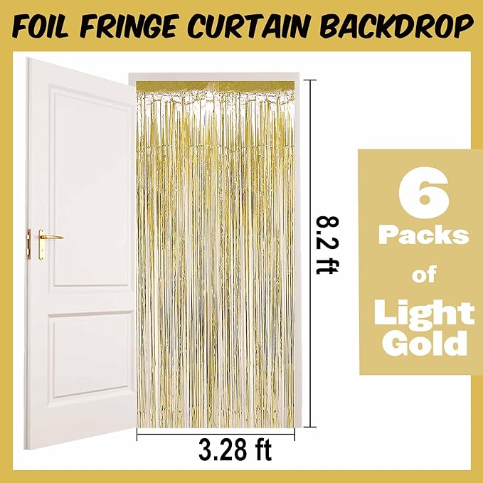 6 Pack Light Gold Foil Fringe Curtains Backdrop, 3.28 x 8.2 Ft Metallic - Image 2