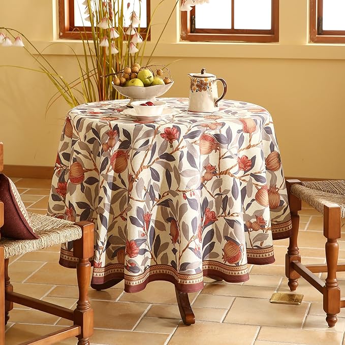 patdrea Designer Linen Small Round Tablecloth, Vintage Pomegranates and Leaves - Image 8
