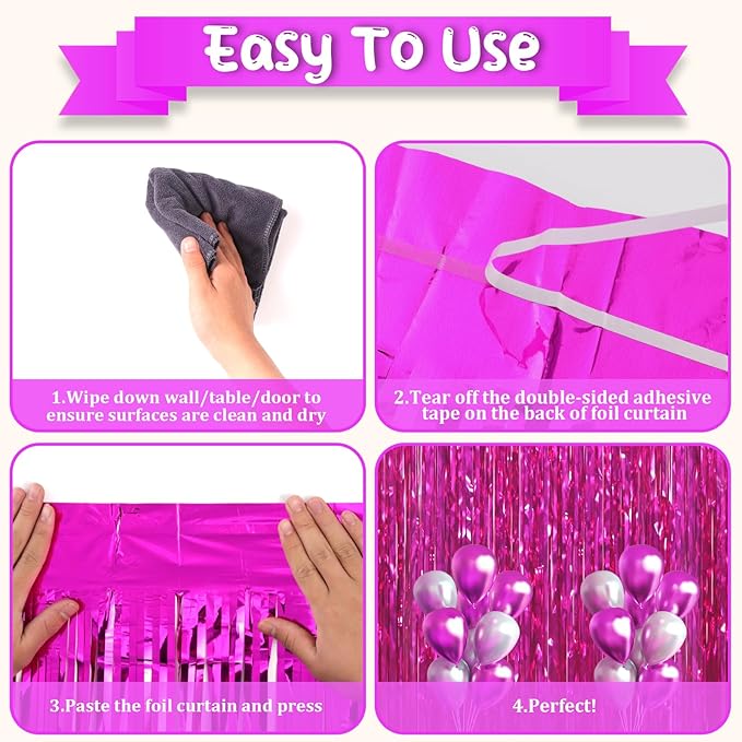 3 Pack 3.3x8.2 Feet Pink Foil Fringe Backdrop Curtains, Tinsel Streamers - Image 4