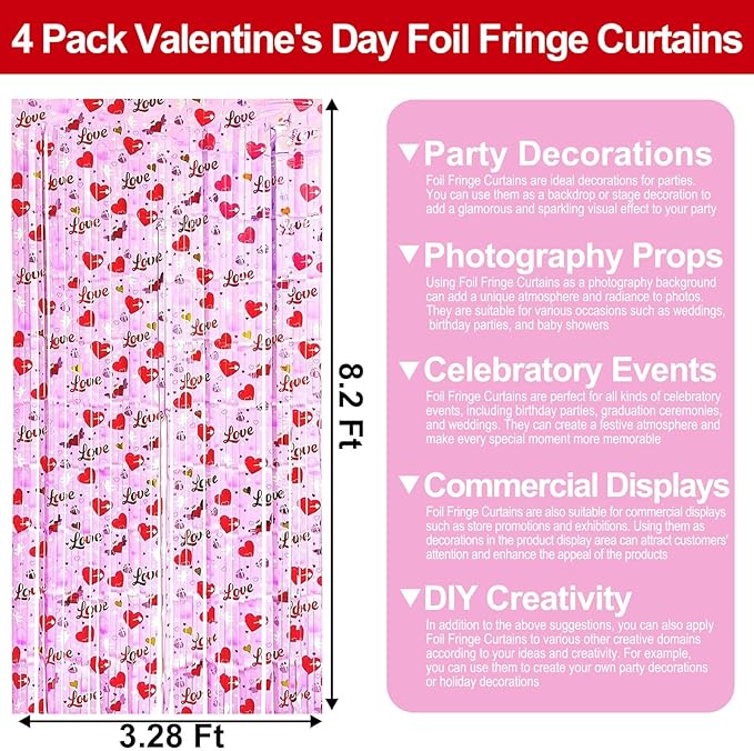 4 Pack Love Pink Wave Foil Fringe Curtain Backdrop, 3.28Ft x 8.2Ft Metallic - Image 2