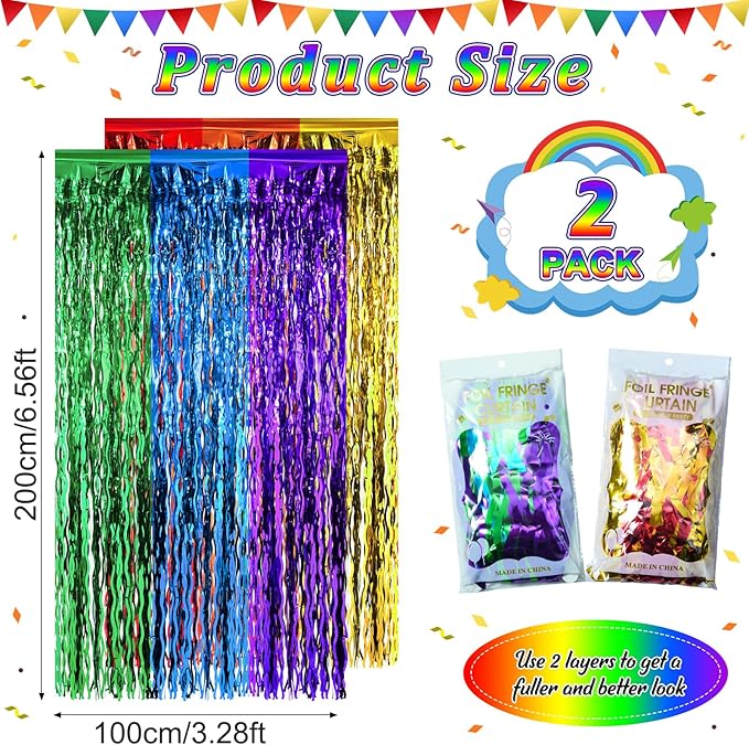 2 Pack 3.3X6.6Ft Rainbow Wavy Foil Fringe Curtains Backdrop Decorations - Image 2