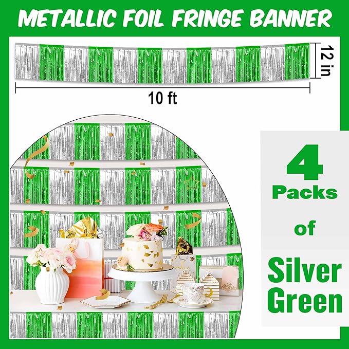 4 Pack 10 Ft Silver Green Foil Fringe Garland Metallic Streamers Tinsel Banner - Image 2