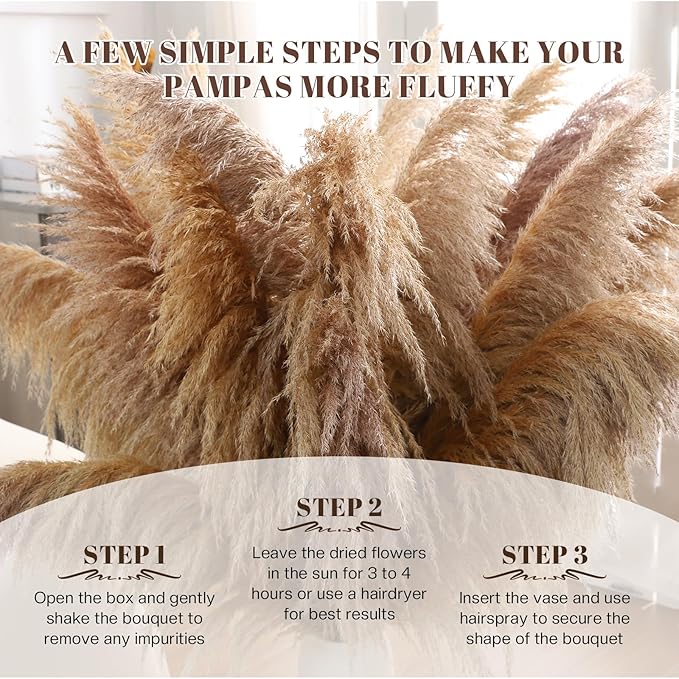 46" inch 11 Stems Natural Pampas Grass Tall Decor, Pompas Grass, Large Borwn - Image 6