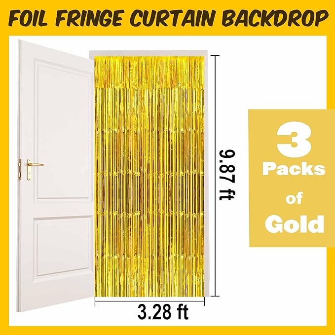 3 Pack Gold Foil Fringe Curtains Backdrop, 3.28 x 9.8 Ft Metallic Streamers - Image 2