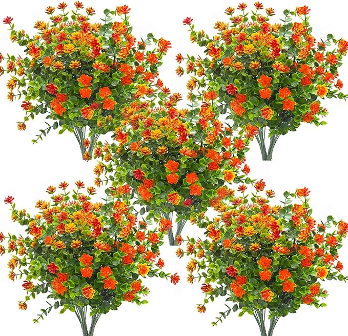 10 Bundles Artificial Fake Flowers, Faux Outdoor Plastic Plants UV Resistant by Grunyia