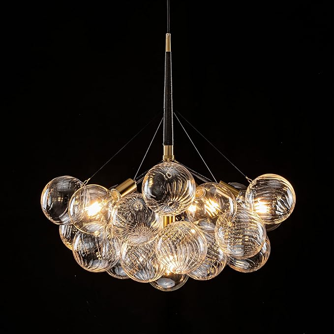 Modern Bubble Ball Swirled Glass Chandelier, Dia 24 inch Black and Clear Globe by LongreeLightFixture