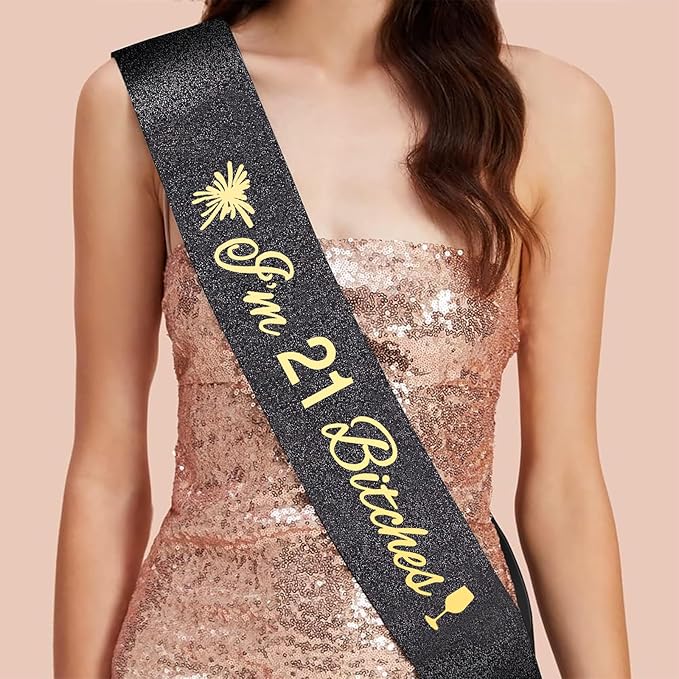 Glitter Black 21st Birthday Sash, Rhinestone Rose Gold Tiara, Cake Topper and - Image 4