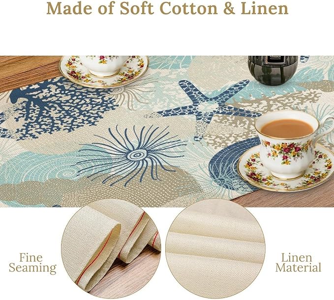 Nautical Coastal Table Runner，Ocean Themed Starfish Coral Conch Beach Kitchen - Image 7