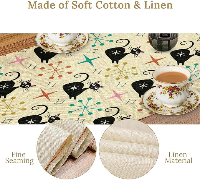 Mid Cat Table Runner, Vintage Black Cat and Atomic Stars 1950s 1960s Abstract - Image 7