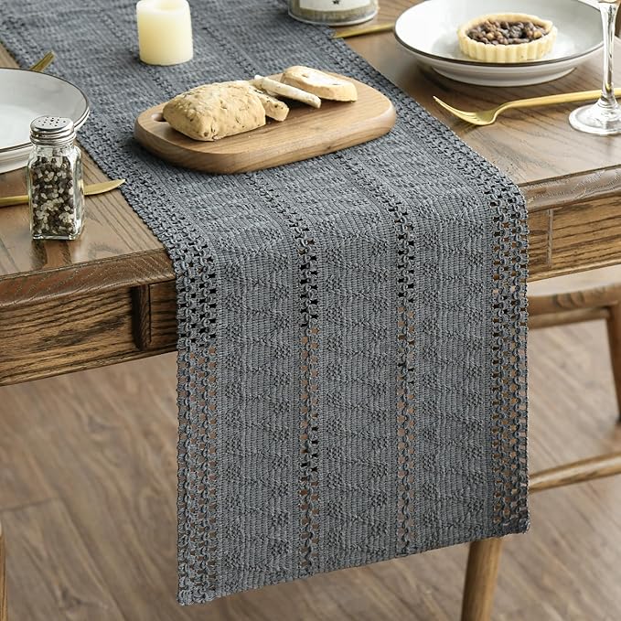 Artoid Mode Dark Grey Farmhouse Woven Rustic Hollow Table Runner, Seasonal by ArtoidMode