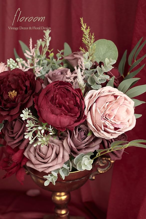 Floroom Burgundy Mauve Artificial Flowers Marsala Fake Roses Peonies and - Image 3