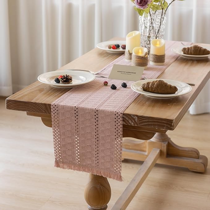 Boho Pink Table Runner for Home Decor 12x72 Inches Farmhouse Macrame Burlap - Image 2