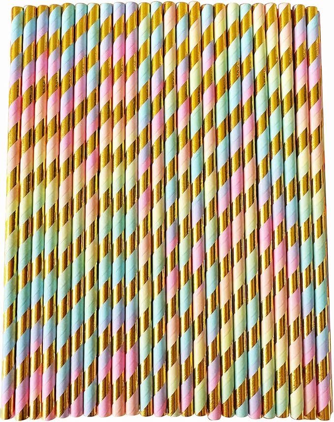 YAOSHENG Pink & Gold Paper Straws Disposable, 100% Biodegradable Multi-Pattern by YAOSHENG