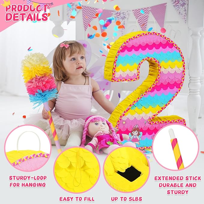 Number 2 Pinata for Birthday Party Decorations, Unicorn Mermaid Theme Pink - Image 5