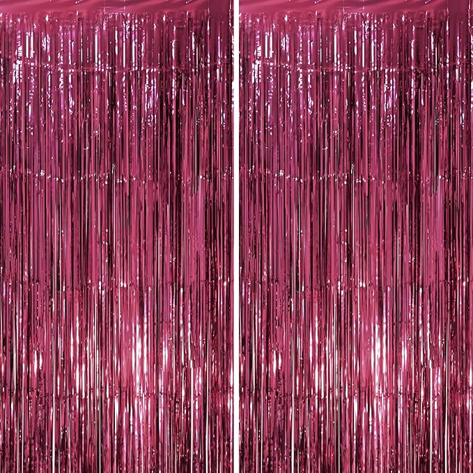 2 Pack Burgundy Foil Fringe Backdrop Curtains, Tinsel Streamers Party by Voircoloria