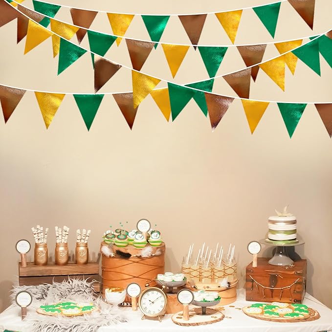 Green Gold Brown Metallic Fabric Triangle Pennant Banner Flag Bunting Garland - Image 4