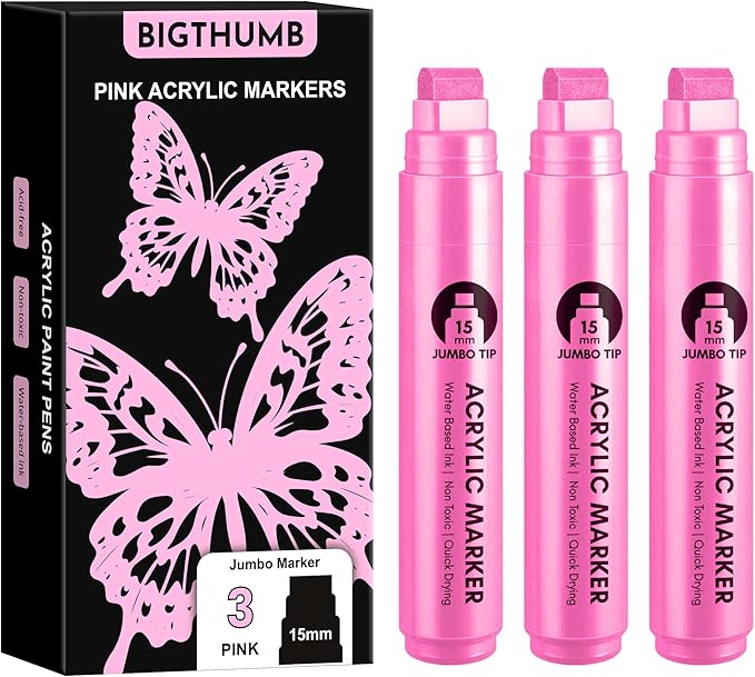 3 Pcs Pink Jumbo Permanent Markers: 15mm Wide Tip Thick Acrylic Paint Pen Large by BIGTHUMB